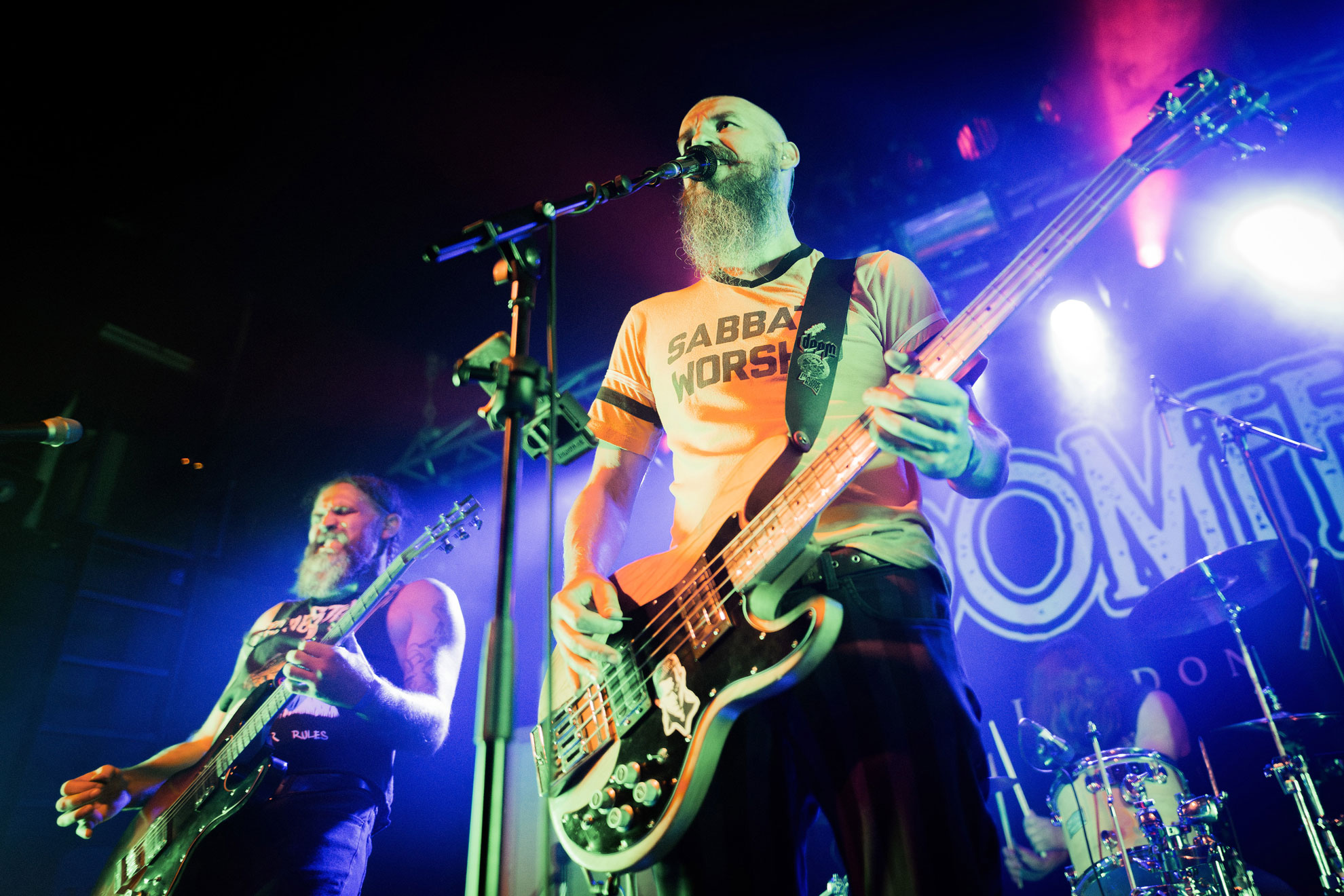 Low angle view of Dopelord bassist performing in London