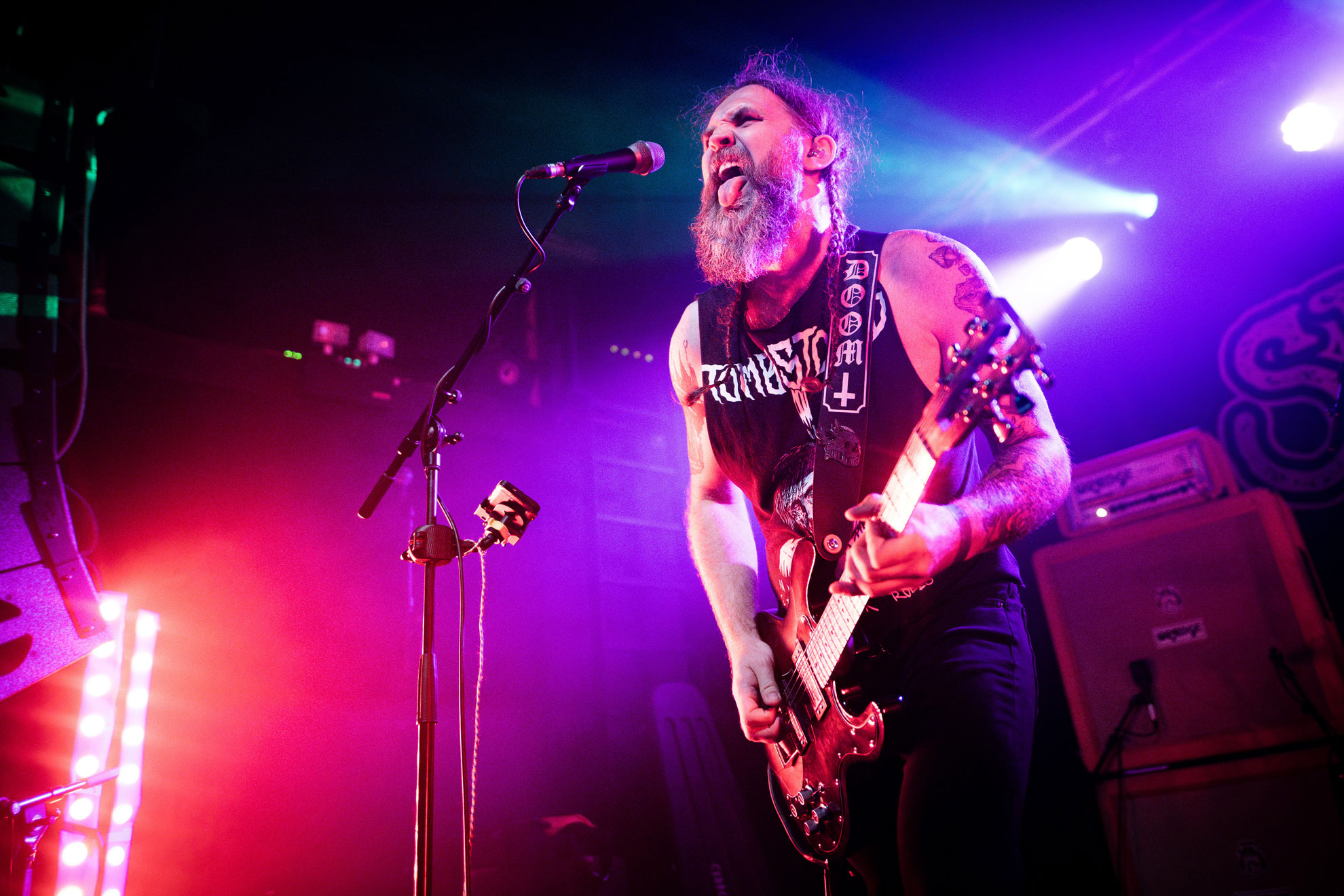 Low angle view of Dopelord guitarist performing in London