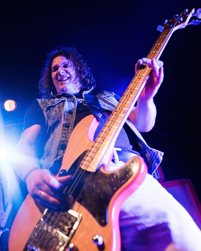 Low angle view of Greenleaf bass player performing in London