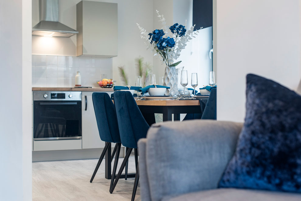 View of a modern kitchen from the lounge area