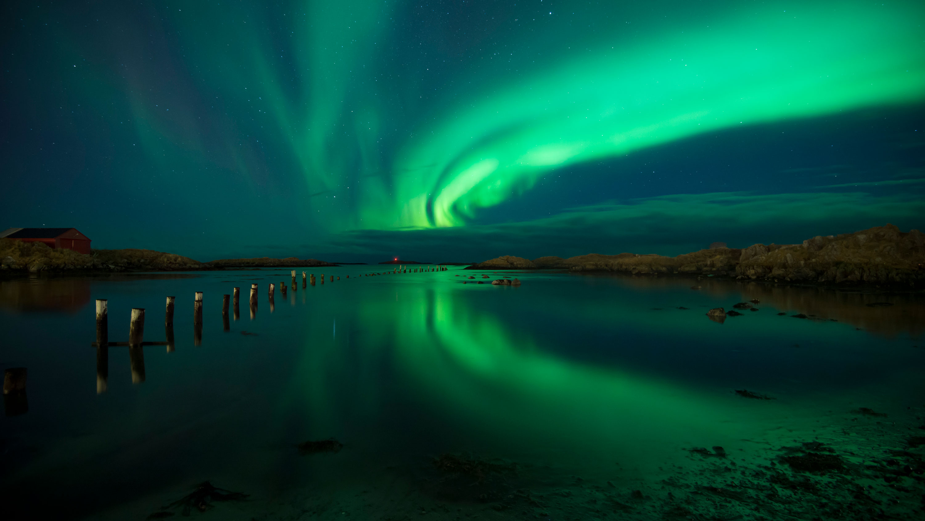 Northern lights (aurora borealis) reflected in the water in Andenes near Tromsø in Norway